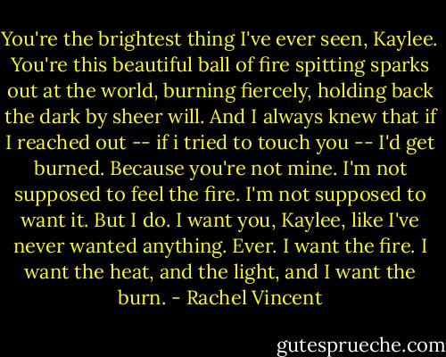 You're the brightest thing I've ever seen, Kaylee. You're this beautiful ball of fire spitting sparks out at the world, burning fiercely, holding back the dark by sheer will. And I always knew that if I reached out -- if i tried to touch you -- I'd get burned. Because you're not mine. I'm not supposed to feel the fire. I'm not supposed to want it. But I do. I want you, Kaylee, like I've never wanted anything. Ever. I want the fire. I want the heat, and the light, and I want the burn. - Rachel Vincent