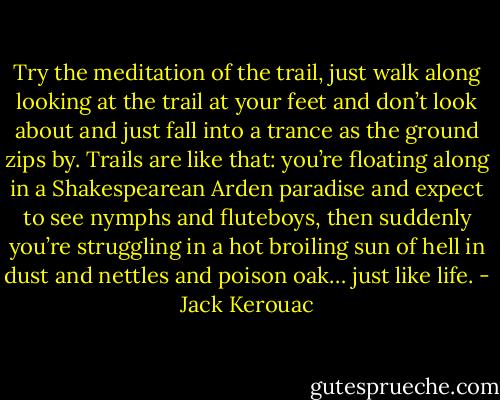 Try the meditation of the trail, just walk along looking at the trail at your feet and don’t look about and just fall into a trance as the ground zips by. Trails are like that: you’re floating along in a Shakespearean Arden paradise and expect to see nymphs and fluteboys, then suddenly you’re struggling in a hot broiling sun of hell in dust and nettles and poison oak… just like life. - Jack Kerouac