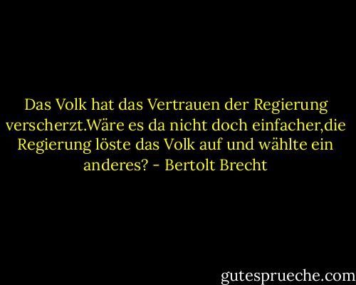 Das Volk hat das Vertrauen der Regierung verscherzt.Wäre es da nicht doch einfacher,die Regierung löste das Volk auf und wählte ein anderes? - Bertolt Brecht