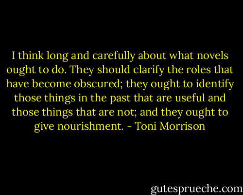 I think long and carefully about what novels ought to do. They should clarify the roles that have become obscured; they ought to identify those things in the past that are useful and those things that are not; and they ought to give nourishment. - Toni Morrison