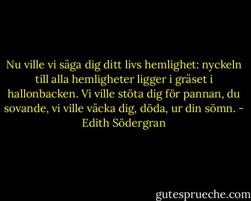 Nu ville vi säga dig ditt livs hemlighet:<br />nyckeln till alla hemligheter ligger i gräset i hallonbacken.<br />Vi ville stöta dig för pannan, du sovande,<br />vi ville väcka dig, döda, ur din sömn. - Edith Södergran