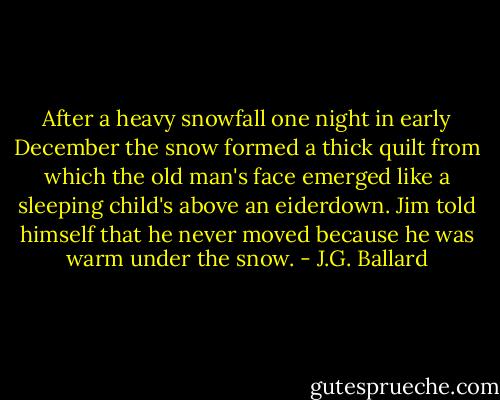 After a heavy snowfall one night in early December the snow formed a thick quilt from which the old man's face emerged like a sleeping child's above an eiderdown. Jim told himself that he never moved because he was warm under the snow. - J.G. Ballard