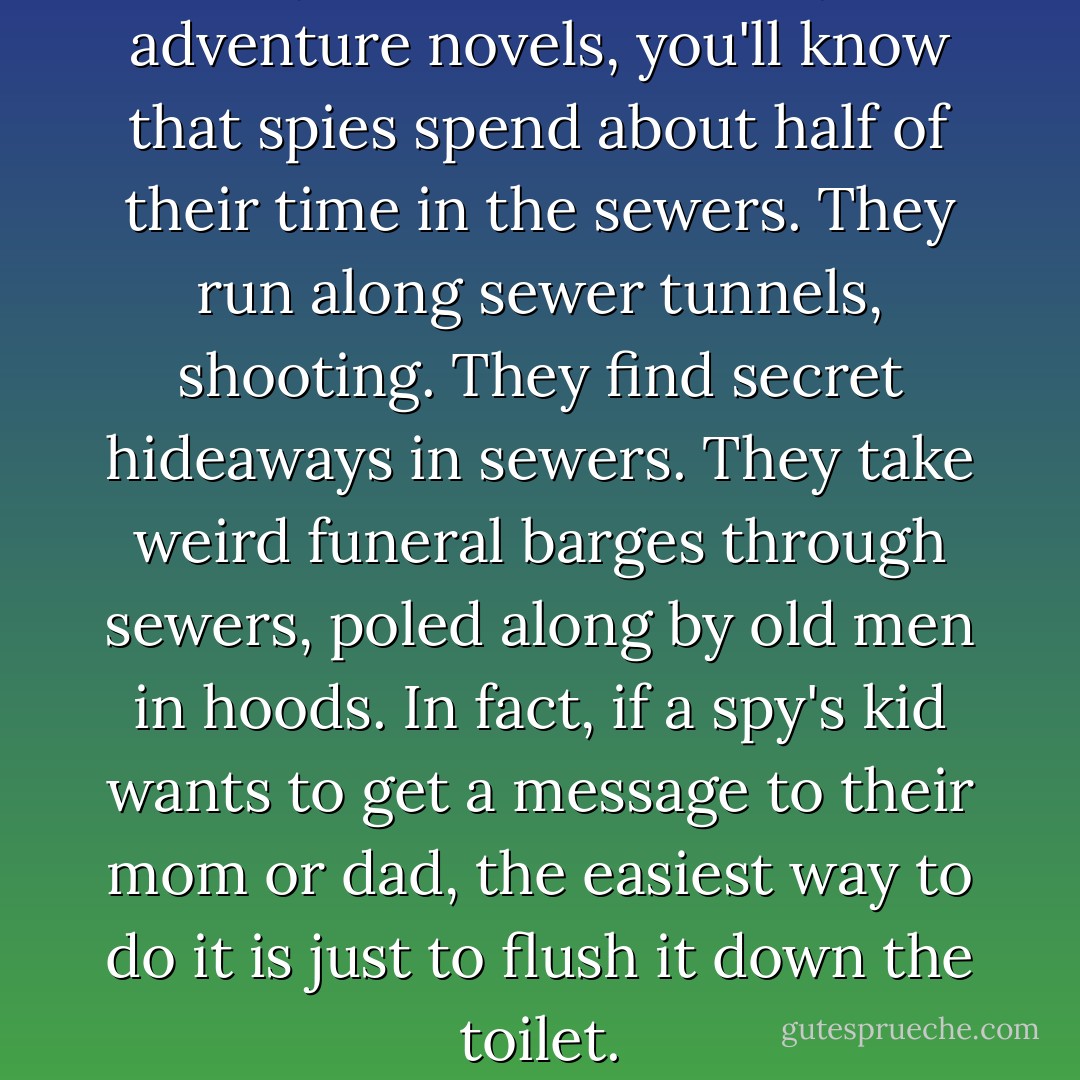 If you have read many adventure novels, you'll know that spies spend about half of their time in the sewers. They run along sewer tunnels, shooting. They find secret hideaways in sewers. They take weird funeral barges through sewers, poled along by old men in hoods. In fact, if a spy's kid wants to get a message to their mom or dad, the easiest way to do it is just to flush it down the toilet. - M.T. Anderson