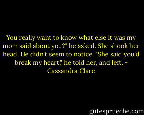 You really want to know what else it was my mom said about you?" he asked.<br />She shook her head.<br />He didn't seem to notice. "She said you'd break my heart," he told her, and left. - Cassandra Clare