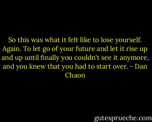 So this was what it felt like to lose yourself. Again. To let go of your future and let it rise up and up until finally you couldn't see it anymore, and you knew that you had to start over. - Dan Chaon