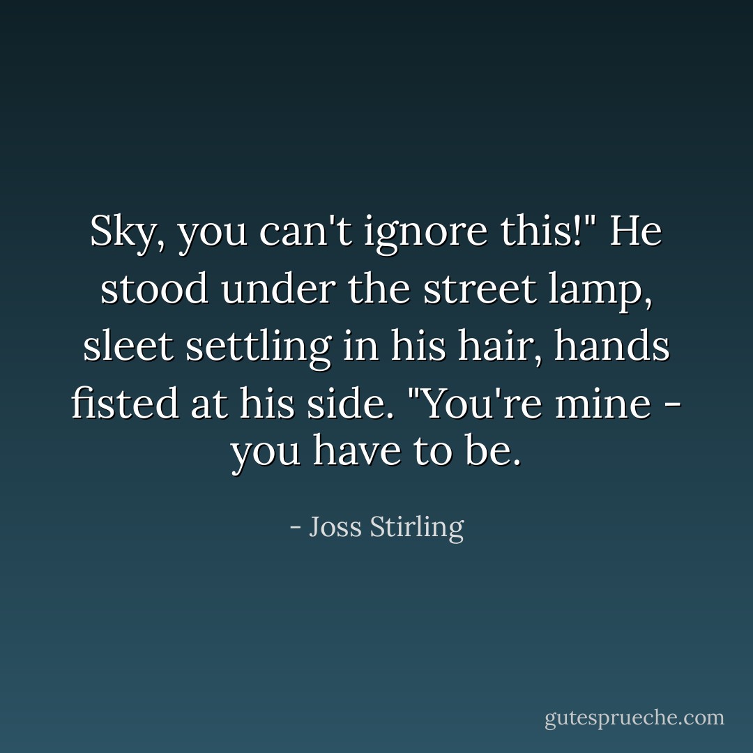 Sky, you can't ignore this!" He stood under the street lamp, sleet settling in his hair, hands fisted at his side. "You're mine - you have to be. - Joss Stirling