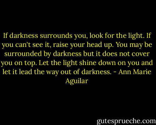 If darkness surrounds you, look for the light. If you can't see it, raise your head up. You may be surrounded by darkness but it does not cover you on top. Let the light shine down on you and let it lead the way out of darkness. - Ann Marie Aguilar
