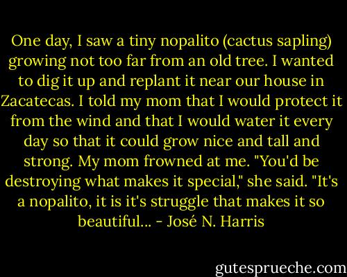 One day, I saw a tiny nopalito (cactus sapling) growing not too far from an old tree. I wanted to dig it up and replant it near our house in Zacatecas. I told my mom that I would protect it from the wind and that I would water it every day so that it could grow nice and tall and strong. My mom frowned at me. "You'd be destroying what makes it special," she said. "It's a nopalito, it is it's struggle that makes it so beautiful... - José N. Harris