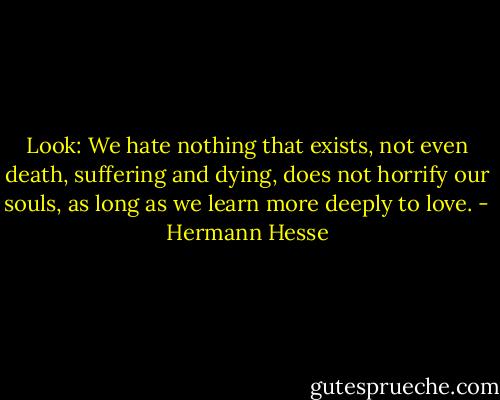 Look: We hate nothing that exists, not even death, suffering and dying, does not horrify our souls, as long as we learn more deeply to love. - Hermann Hesse