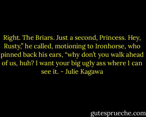 Right. The Briars. Just a second, Princess. Hey, Rusty,” he called, motioning to Ironhorse, who pinned back his ears, “why don’t you walk ahead of us, huh? I want your big ugly ass where I can see it. - Julie Kagawa