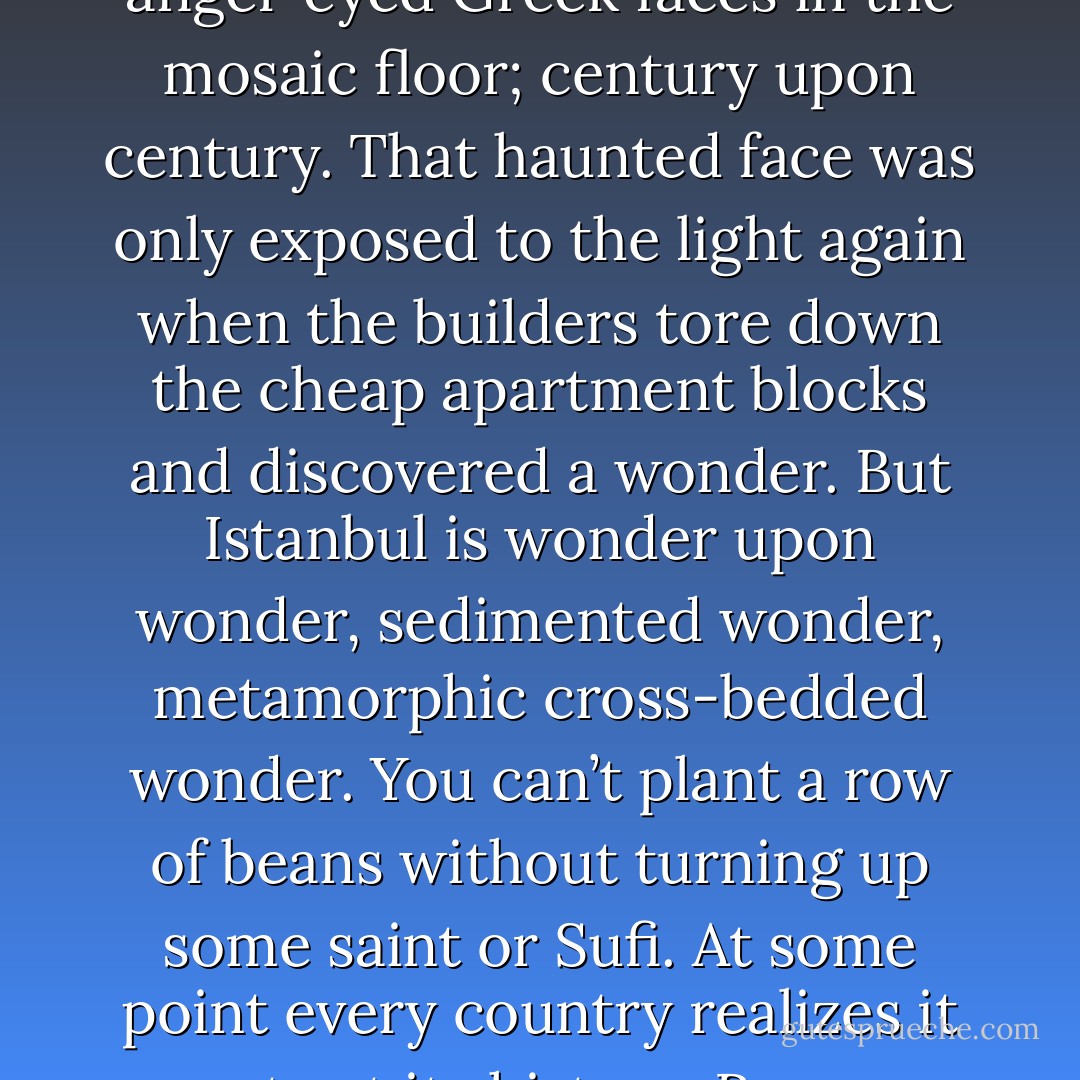 Water splashes and runs in a film across the glass floor suspended above the mosaics. The Hacı Kadın hamam is a typical post-Union fusion of architectures; Ottoman domes and niches built over some forgotten Byzantine palace, years and decades of trash blinding, gagging, burying the angel-eyed Greek faces in the mosaic floor; century upon century. That haunted face was only exposed to the light again when the builders tore down the cheap apartment blocks and discovered a wonder. But Istanbul is wonder upon wonder, sedimented wonder, metamorphic cross-bedded wonder. You can’t plant a row of beans without turning up some saint or Sufi. At some point every country realizes it must eat its history. Romans ate Greeks, Byzantines ate Romans, Ottomans ate Byzantines, Turks ate Ottomans. The EU eats everything. Again, the splash and run as Ferid Bey scoops warm water in a bronze bowl from the marble basin and pours it over his head. - Ian McDonald