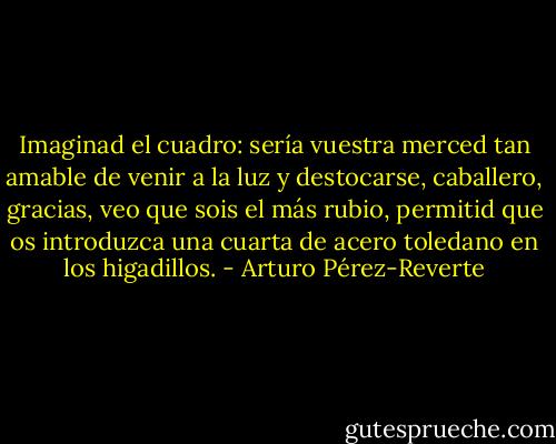 Imaginad el cuadro: sería vuestra merced tan amable de venir a la luz y destocarse, caballero, gracias, veo que sois el más rubio, permitid que os introduzca una cuarta de acero toledano en los higadillos. - Arturo Pérez-Reverte