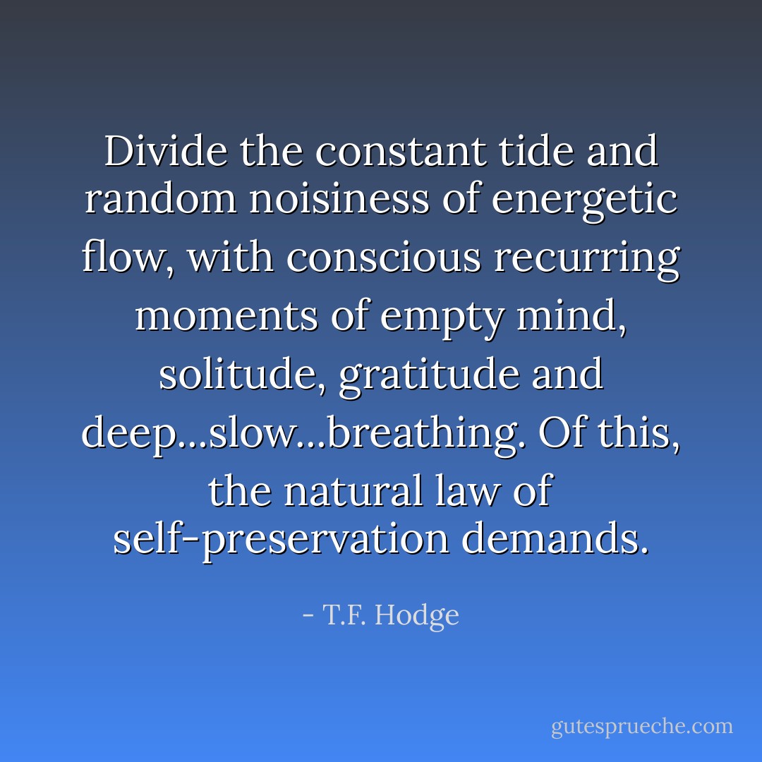 Divide the constant tide and random noisiness of energetic flow, with conscious recurring moments of empty mind, solitude, gratitude and deep...slow...breathing. Of this, the natural law of self-preservation demands. - T.F. Hodge