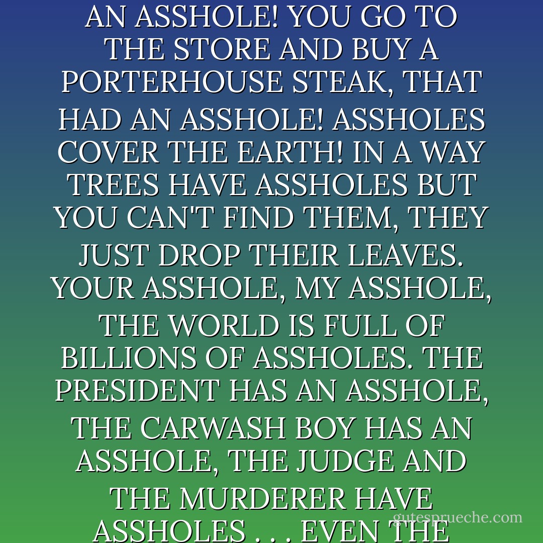 WHAT'S WRONG WITH ASSHOLES, BABY? YOU'VE GOT AN ASSHOLE, I'VE GOT AN ASSHOLE! YOU GO TO THE STORE AND BUY A PORTERHOUSE STEAK, THAT HAD AN ASSHOLE! ASSHOLES COVER THE EARTH! IN A WAY TREES HAVE ASSHOLES BUT YOU CAN'T FIND THEM, THEY JUST DROP THEIR LEAVES. YOUR ASSHOLE, MY ASSHOLE, THE WORLD IS FULL OF BILLIONS OF ASSHOLES. THE PRESIDENT HAS AN ASSHOLE, THE CARWASH BOY HAS AN ASSHOLE, THE JUDGE AND THE MURDERER HAVE ASSHOLES . . . EVEN THE PURPLE STICKINPIN HAS AN ASSHOLE! - Charles Bukowski