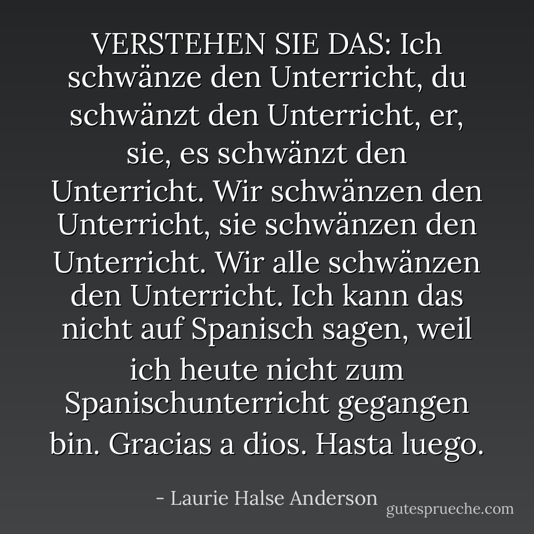 VERSTEHEN SIE DAS:<br />Ich schwänze den Unterricht, du schwänzt den Unterricht, er, sie, es schwänzt den Unterricht. Wir schwänzen den Unterricht, sie schwänzen den Unterricht. Wir alle schwänzen den Unterricht. Ich kann das nicht auf Spanisch sagen, weil ich heute nicht zum Spanischunterricht gegangen bin. <i>Gracias a dios. Hasta luego.</i> - Laurie Halse Anderson<