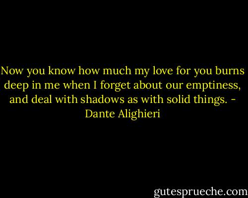 Now you know how much my love for you<br />burns deep in me<br />when I forget about our emptiness,<br />and deal with shadows as with solid things. - Dante Alighieri