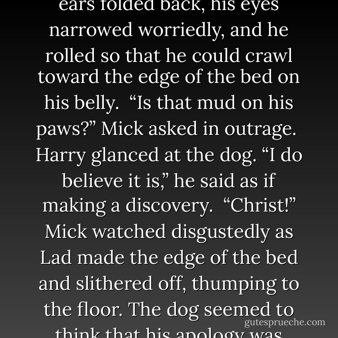 What,” Mick said softly, “is Lad doin’ in me bed?”<br /><br />Hearing his name, Lad opened small, piggish, upside-down eyes, gazing with idiotic adoration as his whip-thin tail thumped the covers.<br /><br />“Ah.” Harry scratched behind one ear. “Well, see, ’e was lookin’ so forlorn, like, out in the courtyard by ’imself. Seemed an awful shame to leave ’im there all alone.”<br /><br />“Off!” Mick roared at the dog.<br /><br />Lad’s transformation was instantaneous. His tiny triangle ears folded back, his eyes narrowed worriedly, and he rolled so that he could crawl toward the edge of the bed on his belly.<br /><br />“Is that mud on his paws?” Mick asked in outrage.<br /><br />Harry glanced at the dog. “I do believe it is,” he said as if making a discovery.<br /><br />“Christ!” Mick watched disgustedly as Lad made the edge of the bed and slithered off, thumping to the floor. The dog seemed to think that his apology was done—or perhaps he’d already forgotten that Mick was mad at him—for he gamboled over as frisky as a lamb.<br /><br />“He’s not even me dog,” Mick muttered.<br /><br />Lad sat, one back leg sprawled out to the side, tongue hanging from his mouth, and grinned up at him. He completely ignored Harry, his supposed master.<br /><br />“The dog ’as a wonderful affection for ye,” Harry said brightly. - Elizabeth Hoyt