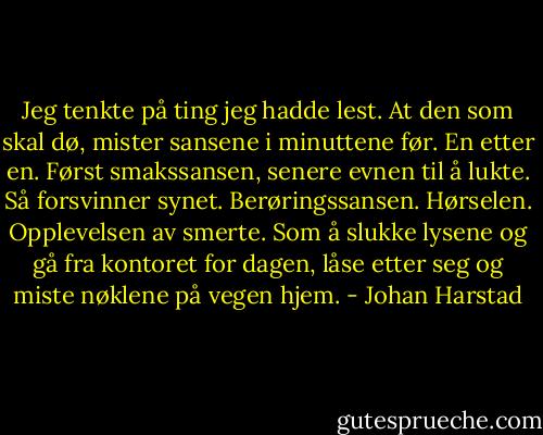 Jeg tenkte på ting jeg hadde lest. At den som skal dø, mister sansene i minuttene før. En etter en. Først smakssansen, senere evnen til å lukte. Så forsvinner synet. Berøringssansen. Hørselen. Opplevelsen av smerte. Som å slukke lysene og gå fra kontoret for dagen, låse etter seg og miste nøklene på vegen hjem. - Johan Harstad