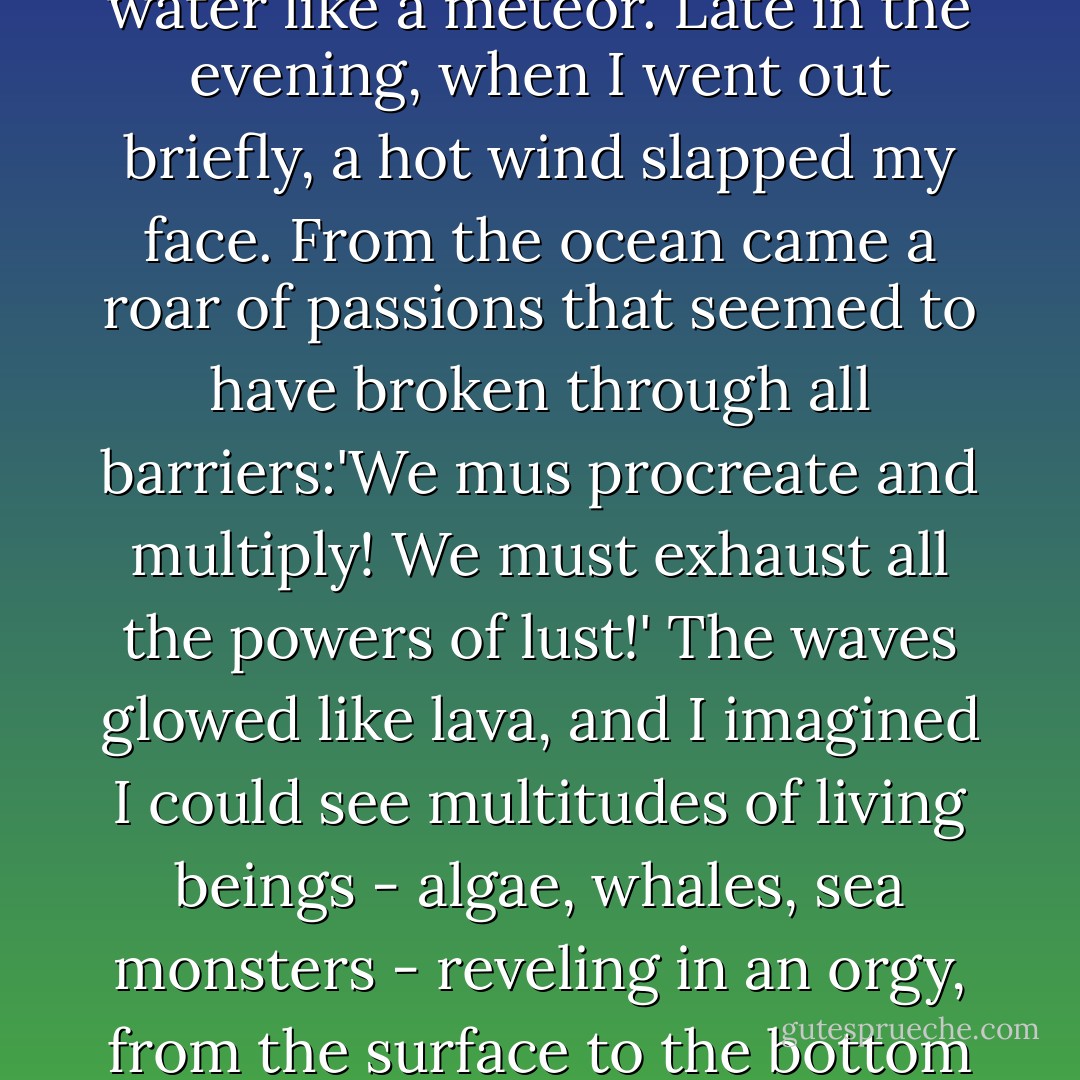 When the ship approached the equator, I stopped going out on deck in the daytime. The sun burned like a flame. The days had shortened and night came swiftly. One moment it was light, the next it was dark. The sun did not set but fell into the water like a meteor. Late in the evening, when I went out briefly, a hot wind slapped my face. From the ocean came a roar of passions that seemed to have broken through all barriers:'We mus procreate and multiply! We must exhaust all the powers of lust!' The waves glowed like lava, and I imagined I could see multitudes of living beings - algae, whales, sea monsters - reveling in an orgy, from the surface to the bottom of the sea. Immortality was the law here. The whole planet raged with animation. At times, I heard my name in the clamor: the spirit of the abyss calling me to join them in their nocturnal dance. ("Hanka") - Isaac Bashevis Singer