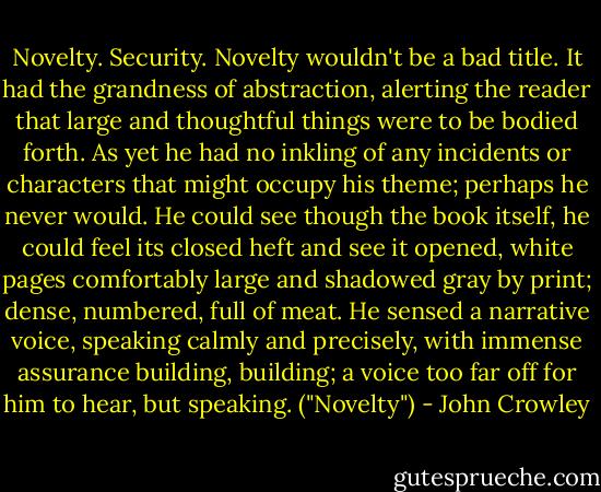 Novelty. Security. Novelty wouldn't be a bad title. It had the grandness of abstraction, alerting the reader that large and thoughtful things were to be bodied forth. As yet he had no inkling of any incidents or characters that might occupy his theme; perhaps he never would. He could see though the book itself, he could feel its closed heft and see it opened, white pages comfortably large and shadowed gray by print; dense, numbered, full of meat. He sensed a narrative voice, speaking calmly and precisely, with immense assurance building, building; a voice too far off for him to hear, but speaking. ("Novelty") - John Crowley