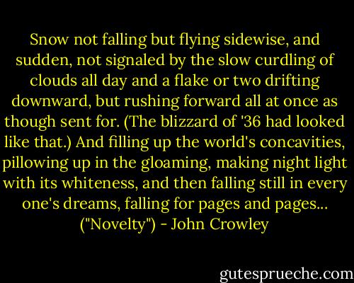 Snow not falling but flying sidewise, and sudden, not signaled by the slow curdling of clouds all day and a flake or two drifting downward, but rushing forward all at once as though sent for. (The blizzard of '36 had looked like that.) And filling up the world's concavities, pillowing up in the gloaming, making night light with its whiteness, and then falling still in every one's dreams, falling for pages and pages... ("Novelty") - John Crowley