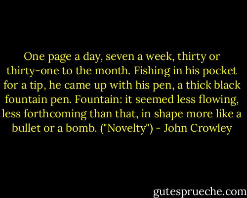 One page a day, seven a week, thirty or thirty-one to the month. Fishing in his pocket for a tip, he came up with his pen, a thick black fountain pen. Fountain: it seemed less flowing, less forthcoming than that, in shape more like a bullet or a bomb. ("Novelty") - John Crowley