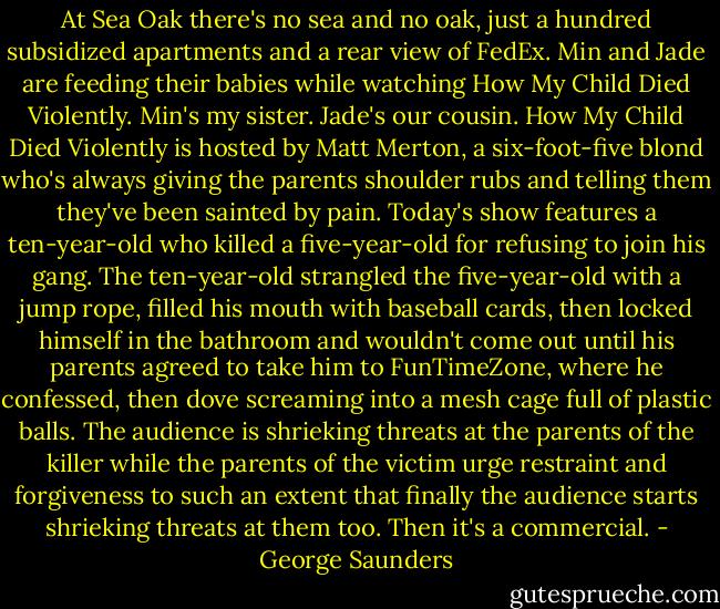 At Sea Oak there's no sea and no oak, just a hundred subsidized apartments and a rear view of FedEx. Min and Jade are feeding their babies while watching How My Child Died Violently. Min's my sister. Jade's our cousin. How My Child Died Violently is hosted by Matt Merton, a six-foot-five blond who's always giving the parents shoulder rubs and telling them they've been sainted by pain. Today's show features a ten-year-old who killed a five-year-old for refusing to join his gang. The ten-year-old strangled the five-year-old with a jump rope, filled his mouth with baseball cards, then locked himself in the bathroom and wouldn't come out until his parents agreed to take him to FunTimeZone, where he confessed, then dove screaming into a mesh cage full of plastic balls. The audience is shrieking threats at the parents of the killer while the parents of the victim urge restraint and forgiveness to such an extent that finally the audience starts shrieking threats at them too. Then it's a commercial. - George Saunders