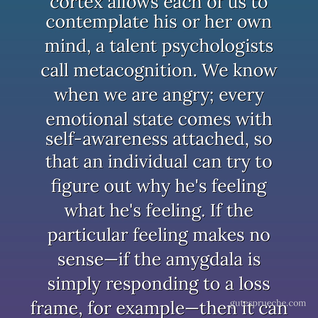 How do we regulate our emotions? The answer is surprisingly simple: by thinking about them. The prefrontal cortex allows each of us to contemplate his or her own mind, a talent psychologists call metacognition. We know when we are angry; every emotional state comes with self-awareness attached, so that an individual can try to figure out why he's feeling what he's feeling. If the particular feeling makes no sense—if the amygdala is simply responding to a loss frame, for example—then it can be discounted. The prefrontal cortex can deliberately choose to ignore the emotional brain. - Jonah Lehrer