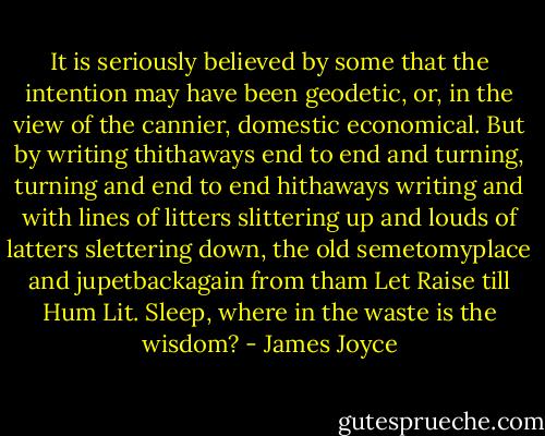 It is seriously believed by some that the intention may have been geodetic, or, in the view of the cannier, domestic economical. But by writing thithaways end to end and turning, turning and end to end hithaways writing and with lines of litters slittering up and louds of latters slettering down, the old semetomyplace and jupetbackagain from tham Let Raise till Hum Lit. Sleep, where in the waste is the wisdom? - James Joyce