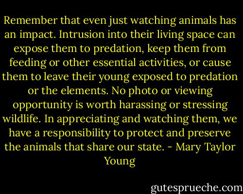 Remember that even just watching animals has an impact. Intrusion into their living space can expose them to predation, keep them from feeding or other essential activities, or cause them to leave their young exposed to predation or the elements. No photo or viewing opportunity is worth harassing or stressing wildlife. In appreciating and watching them, we have a responsibility to protect and preserve the animals that share our state. - Mary Taylor Young