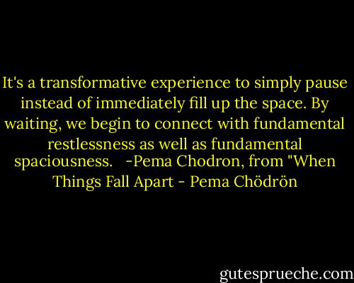 It's a transformative experience to simply pause instead of immediately fill up the space. By waiting, we begin to connect with fundamental restlessness as well as fundamental spaciousness. <br /><br />-Pema Chodron, from "When Things Fall Apart - Pema Chödrön