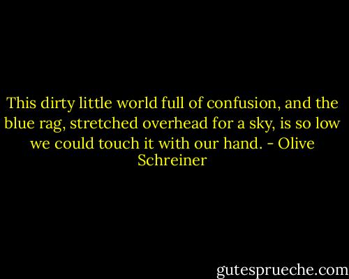 This dirty little world full of confusion, and the blue rag, stretched overhead for a sky, is so low we could touch it with our hand. - Olive Schreiner