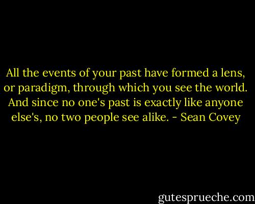 All the events of your past have formed a lens, or paradigm, through which you see the world. And since no one's past is exactly like anyone else's, no two people see alike. - Sean Covey