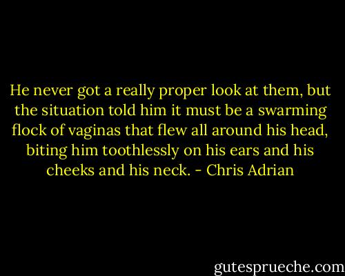 He never got a really proper look at them, but the situation told him it must be a swarming flock of vaginas that flew all around his head, biting him toothlessly on his ears and his cheeks and his neck. - Chris Adrian