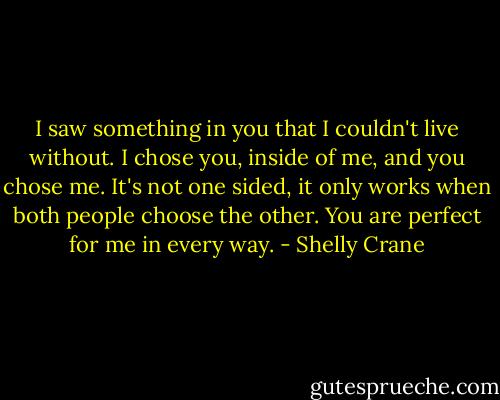 I saw something in you that I couldn't live without. I chose you, inside of me, and you chose me. It's not one sided, it only works when both people choose the other. You are perfect for me in every way. - Shelly Crane
