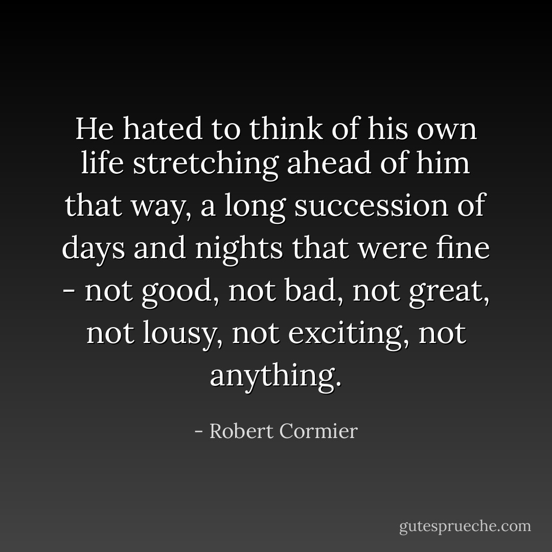 He hated to think of his own life stretching ahead of him that way, a long succession of days and nights that were fine - not good, not bad, not great, not lousy, not exciting, not anything. - Robert Cormier