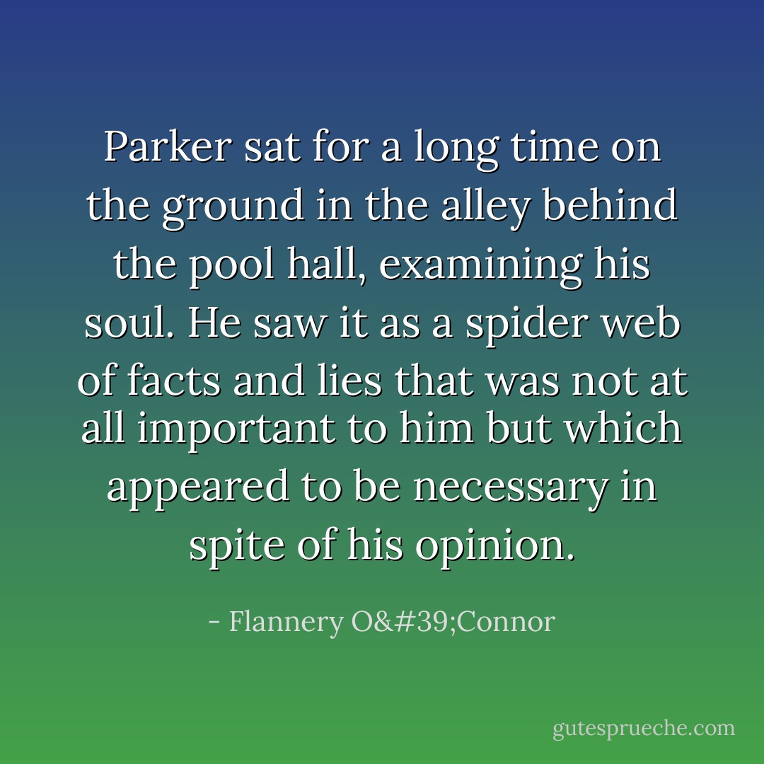 Parker sat for a long time on the ground in the alley behind the pool hall, examining his soul. He saw it as a spider web of facts and lies that was not at all important to him but which appeared to be necessary in spite of his opinion. - Flannery O'Connor