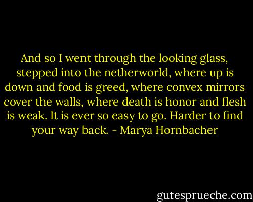 And so I went through the looking glass, stepped into the netherworld, where up is down and food is greed, where convex mirrors cover the walls, where death is honor and flesh is weak. It is ever so easy to go. Harder to find your way back. - Marya Hornbacher
