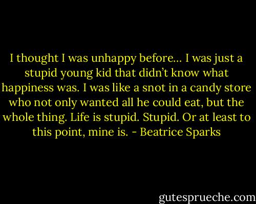 I thought I was unhappy before… I was just a stupid young kid that didn’t know what happiness was. I was like a snot in a candy store who not only wanted all he could eat, but the whole thing. Life is stupid. Stupid. Or at least to this point, mine is. - Beatrice Sparks