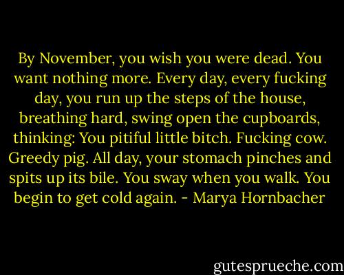By November, you wish you were dead. You want nothing more. Every day, every fucking day, you run up the steps of the house, breathing hard, swing open the cupboards, thinking: You pitiful little bitch. Fucking cow. Greedy pig. All day, your stomach pinches and spits up its bile. You sway when you walk. You begin to get cold again. - Marya Hornbacher