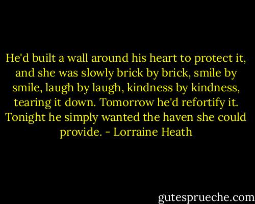He'd built a wall around his heart to protect it, and she was slowly brick by brick, smile by smile, laugh by laugh, kindness by kindness, tearing it down. Tomorrow he'd refortify it.<br />Tonight he simply wanted the haven she could provide. - Lorraine Heath