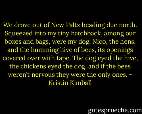 We drove out of New Paltz heading due north. Squeezed into my tiny hatchback, among our boxes and bags, were my dog, Nico, the hens, and the humming hive of bees, its openings covered over with tape. The dog eyed the hive, the chickens eyed the dog, and if the bees weren't nervous they were the only ones. - Kristin Kimball