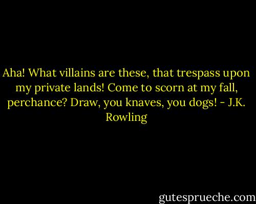 Aha! What villains are these, that trespass upon my private lands! Come to scorn at my fall, perchance? Draw, you knaves, you dogs! - J.K. Rowling