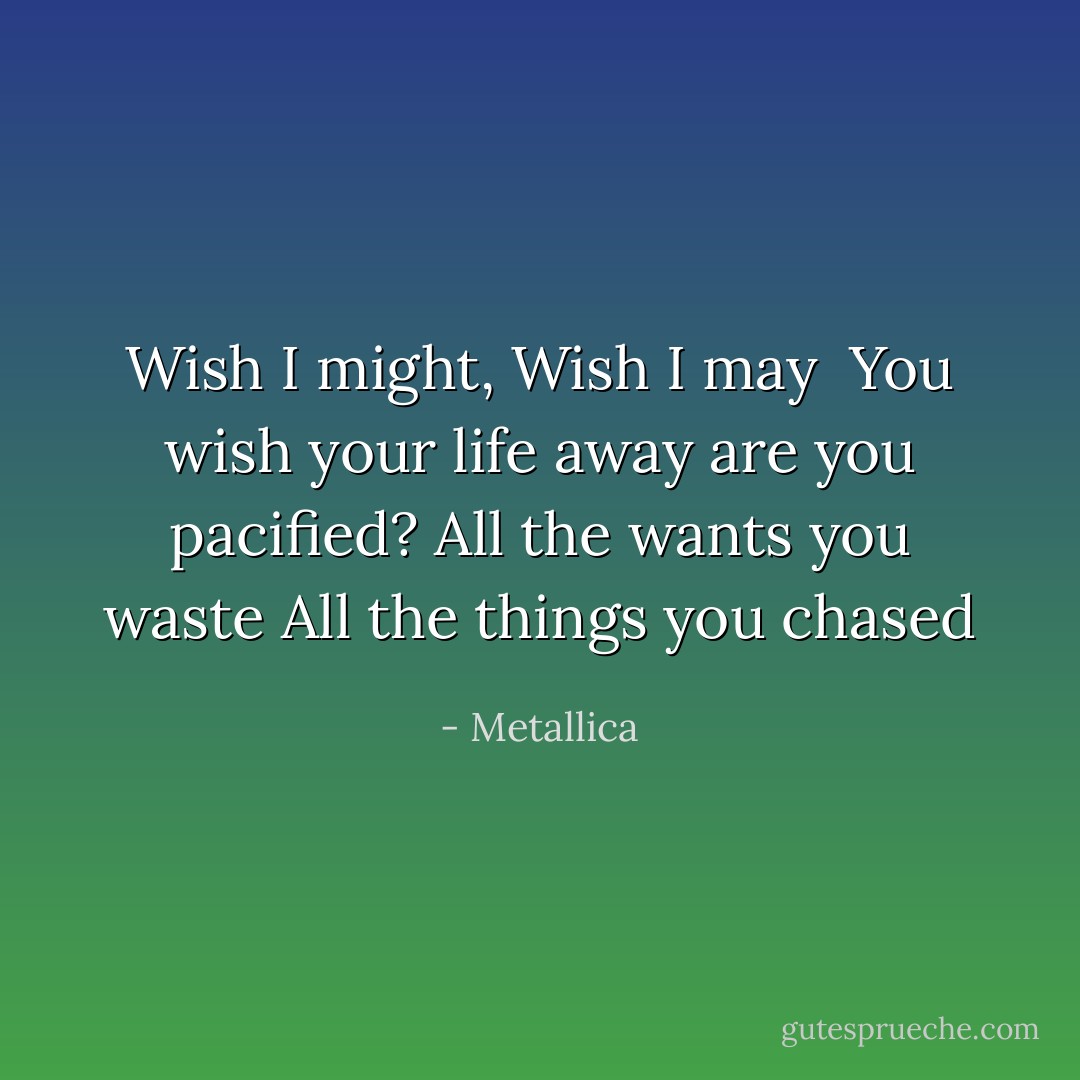 Wish I might, Wish I may <br />You wish your life away<br />are you pacified?<br />All the wants you waste<br />All the things you chased - Metallica