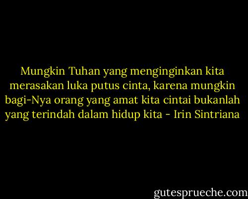 Mungkin Tuhan yang menginginkan kita merasakan luka putus cinta, karena mungkin bagi-Nya orang yang amat kita cintai bukanlah yang terindah dalam hidup kita - Irin Sintriana