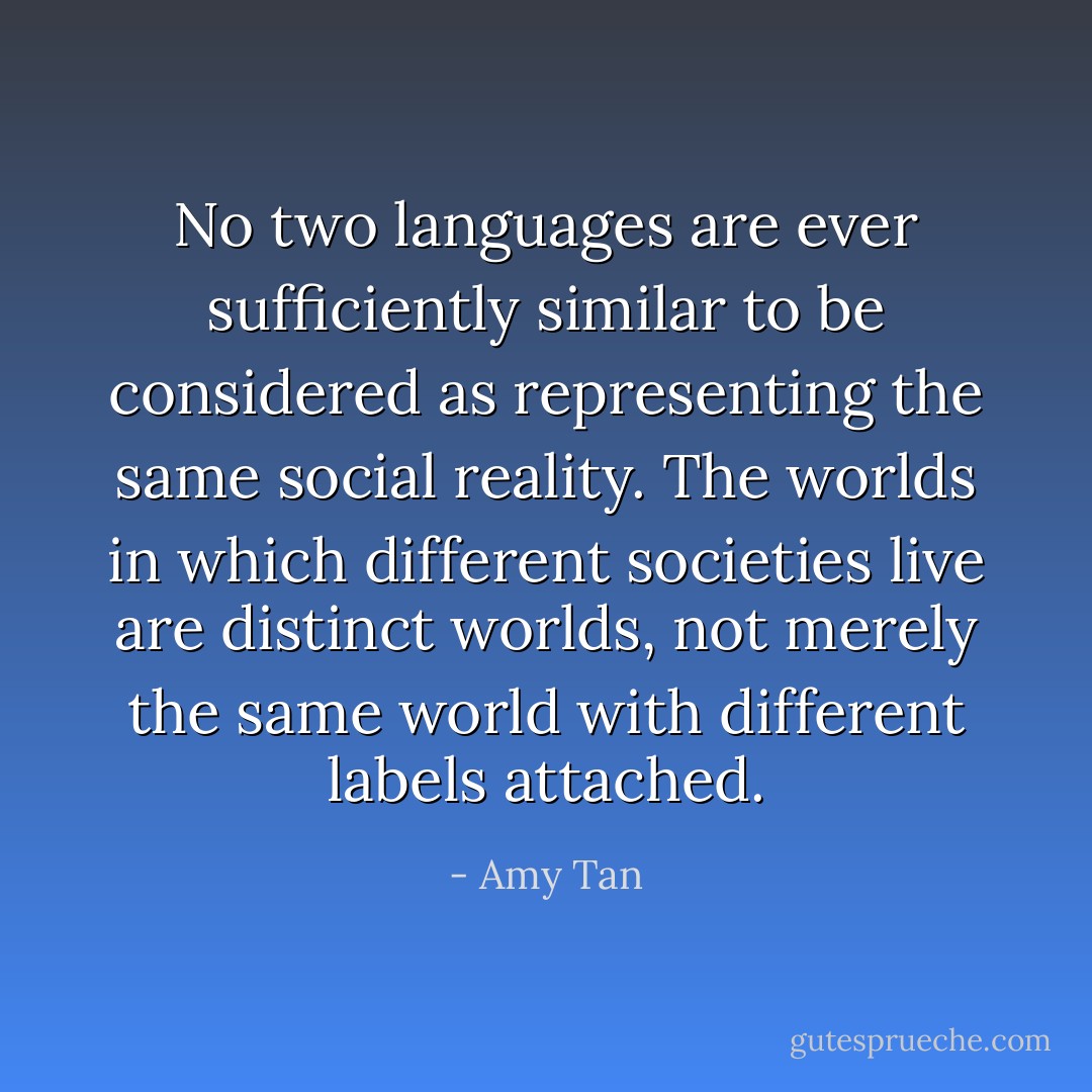 No two languages are ever sufficiently similar to be considered as representing the same social reality. The worlds in which different societies live are distinct worlds, not merely the same world with different labels attached. - Amy Tan
