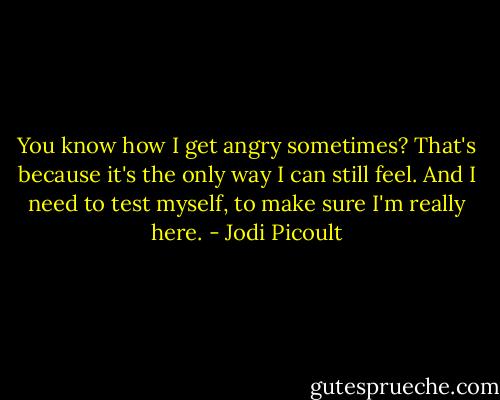 You know how I get angry sometimes? That's because it's the only way I can still feel. And I need to test myself, to make sure I'm really here. - Jodi Picoult
