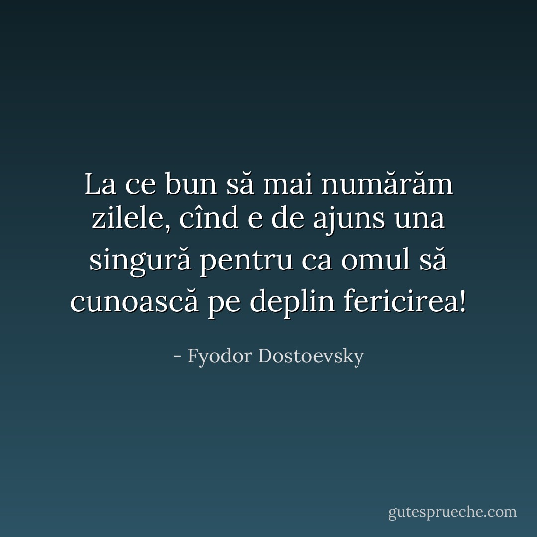 La ce bun să mai numărăm zilele, cînd e de ajuns una singură pentru ca omul să cunoască pe deplin fericirea! - Fyodor Dostoevsky