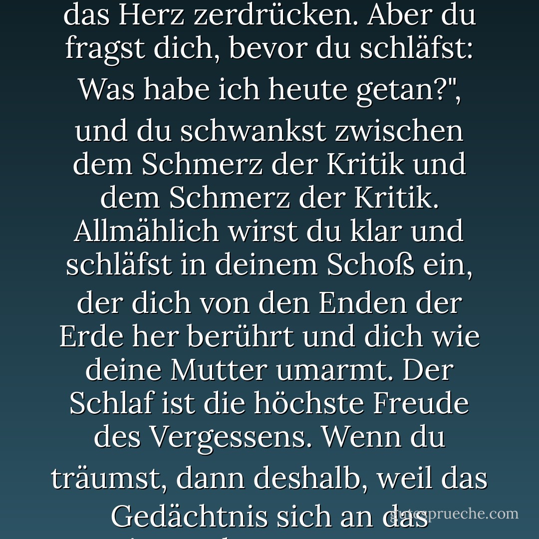 Der Schläfer altert nicht im Schlaf, noch fürchtet er sich, noch hört er Nachrichten, die das Herz zerdrücken. Aber du fragst dich, bevor du schläfst: Was habe ich heute getan?", und du schwankst zwischen dem Schmerz der Kritik und dem Schmerz der Kritik. Allmählich wirst du klar und schläfst in deinem Schoß ein, der dich von den Enden der Erde her berührt und dich wie deine Mutter umarmt. Der Schlaf ist die höchste Freude des Vergessens. Wenn du träumst, dann deshalb, weil das Gedächtnis sich an das erinnert hat, was es vom Geheimnisvollen vergessen hat. - Mahmoud Darwish<