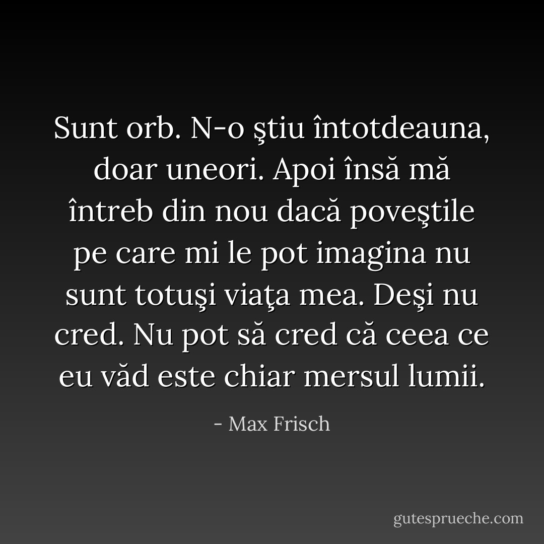 Sunt orb. N-o ştiu întotdeauna, doar uneori. Apoi însă mă întreb din nou dacă poveştile pe care mi le pot imagina nu sunt totuşi viaţa mea. Deşi nu cred. Nu pot să cred că ceea ce eu văd este chiar mersul lumii. - Max Frisch